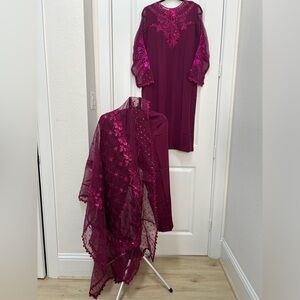 New Pakistani Three Piece Chiffon Wine Kurta, Pants And Dupatta BAROQUE